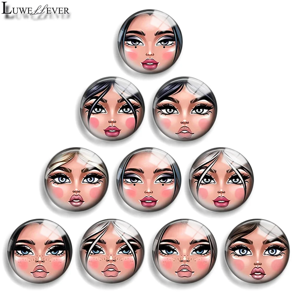 12mm 10mm 20mm 25mm 30mm 40mm 954 Girl Face Mix Round Glass Cabochon Flat Jewelry Finding 18mm Snap Button Charm Bracelet