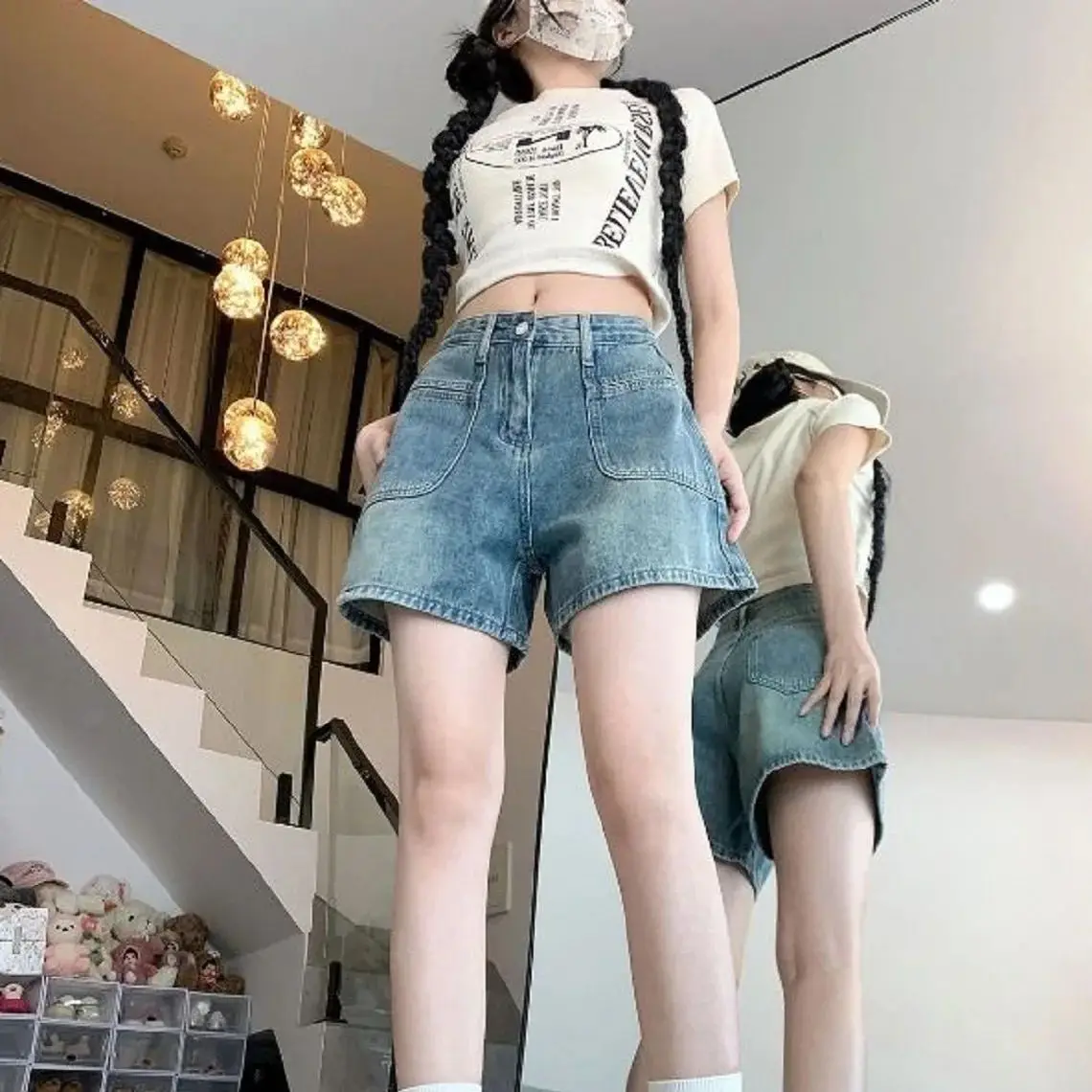 Light Color Retro A-Line Wide-Leg Denim Shorts Women Summer New Niche Design Thin High Waist Slim Loose Pants