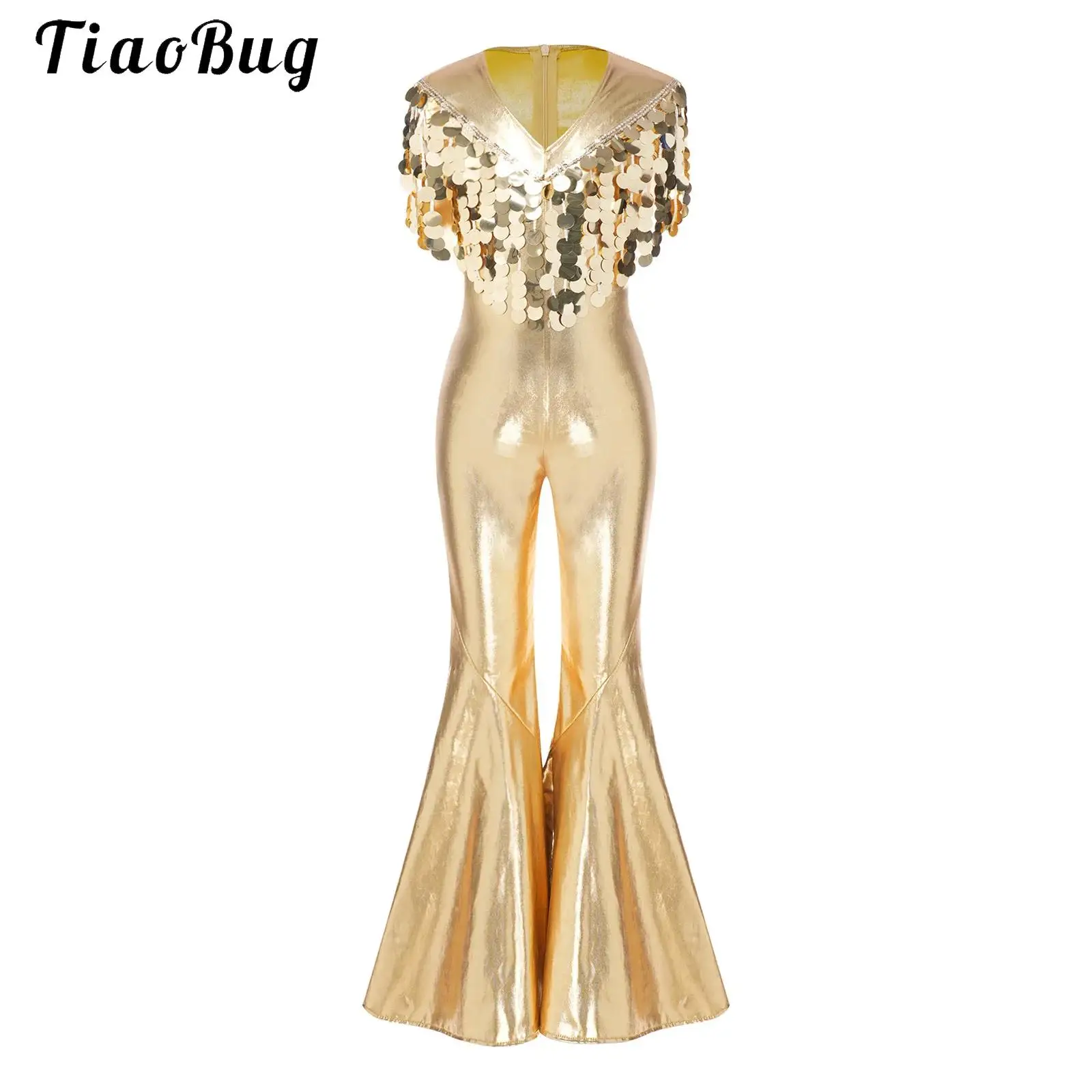 Kids Girls Shiny Metallic Disco Jazz Dance Costumes Sleeveless V Neck Sequin Tassel Bell Bottom Flared Jumpsuit Rompers