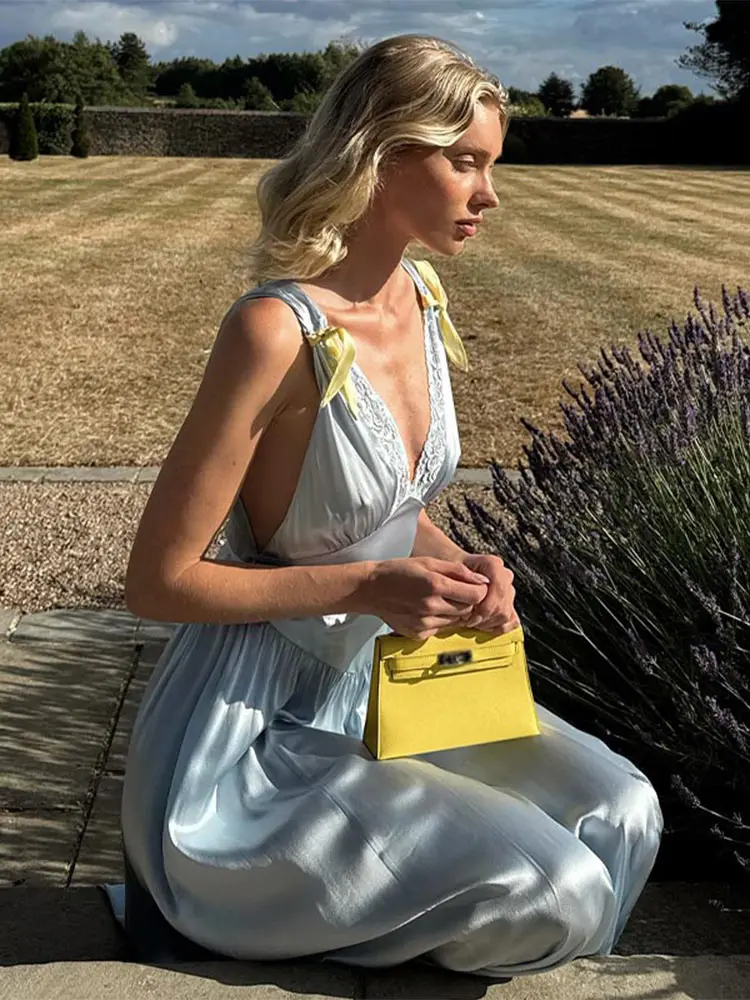 

Elegant Women's Satin Sleeveless Maxi Dress with Lace Trim Deep V-Neck Yellow Bow Tie Straps 2025 New Party Vacation Dresses