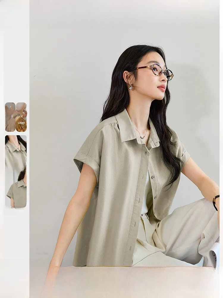 

Classic Versatile Short Sleeve Shirt Women's Loose Fit Breathable Cotton Casual Style Collar Button Detail Embroidery
