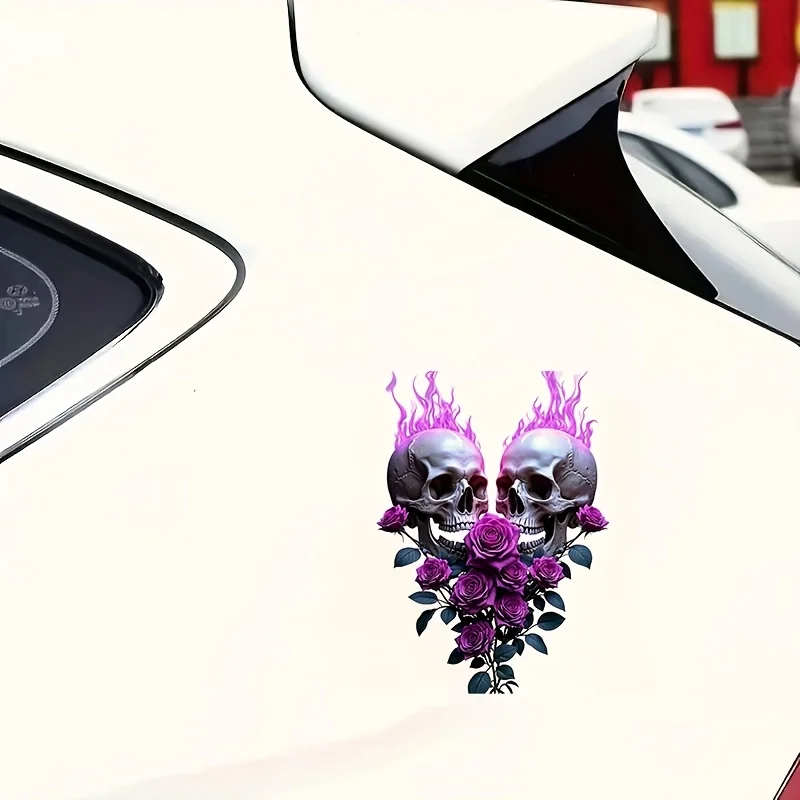 Gothic Purple Flame Double Skull Purple Rose Vinyl Decal, Waterproof UV Resistant Sticker for Car Window Helmet Luggage Decor