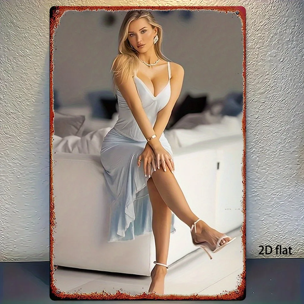 White Dress Blonde Woman on Sofa Vintage Metal Tin Sign Wall Art Decor