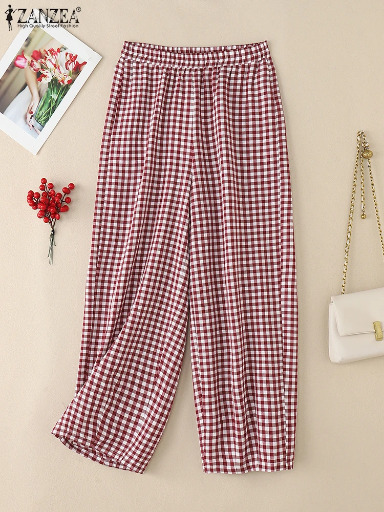 ZANZEA 2025 กางเกงลายสก๊อตผู้หญิงแฟชั่นโคมไฟกางเกงลําลองหลวมยาวกางเกงฤดูร้อนกระเป๋าเอวยางยืดกางเกงขนาดใหญ่