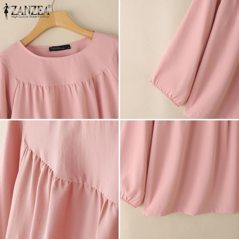ZANZEA Women Fashion Gathered Blouses Autumn Everyday Casual Lantern Sleeve Round Neck Blusas Mujer Oversized Loose Solid Tops
