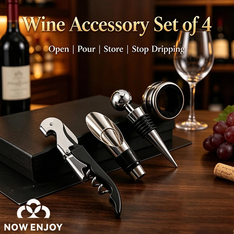 NOW ENJOY 4Pcs Wine Aerator Pourer Opener Pressure Bottle Opener Wine Pour Spout Stoppers Wine stopper Gift Box Set