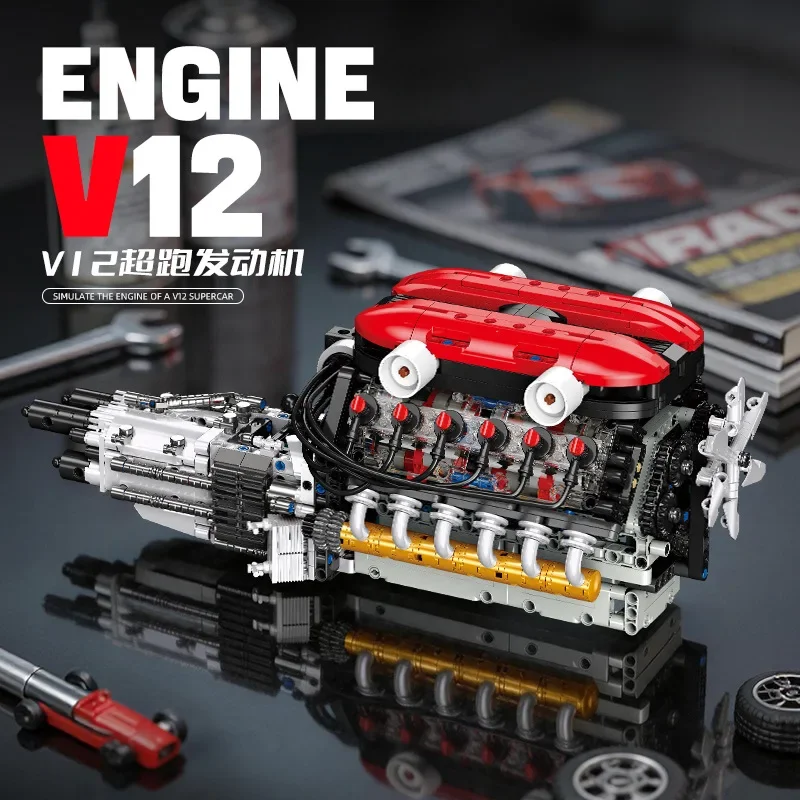 MOC V12 Engine Mechanical Model Building Blocks Electric Difficult Assembly Tabletop Decoration