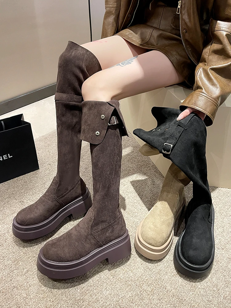 Botas con cremallera para mujer, zapatos con plataforma de diseñador de lujo, plano y tacón punta redonda, zuecos a la moda, para otoño e invierno, 2023