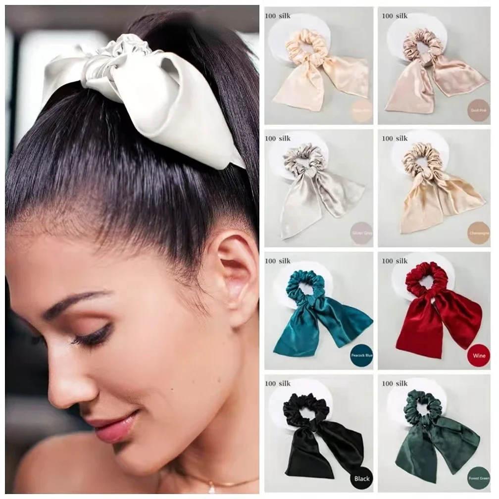 

100% Pure Mulberry Silk Hair Bows Scrunchies Silk Bowknot Elastic Hair Bands Ties Headwear For Women's Luxury Hair Accessories