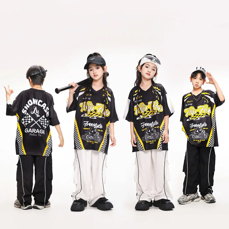 Ropa de Hip Hop para chico, camiseta con cuello en V y estampado negro, Top blanco, pantalones deportivos informales con bolsillo para niña y niño, Ropa de baile de Jazz, ropa de disfraz