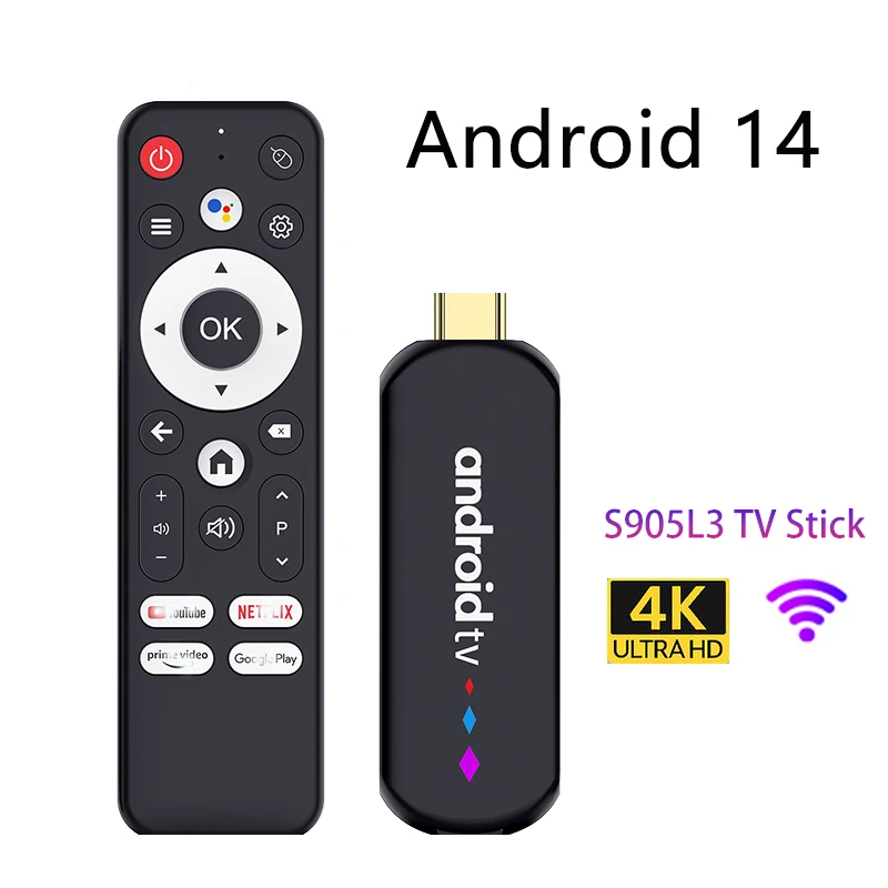 TV Stick S905L3 H96 MAX Android 14 4K BT 2.4G 5G Wifi Media Player Assistente de Voz Remoto Home Android Smart TV Stick