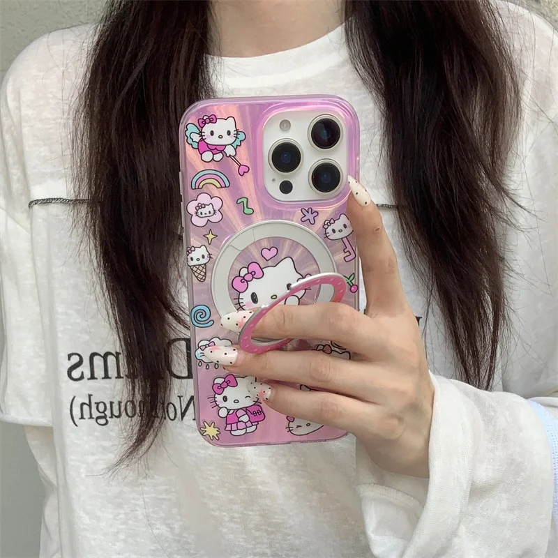 패션 귀여운 만화 헬로키티 마그네틱 폰 케이스 아이폰 16 프로 15 14 프로 맥스 16 프로맥스 링 포함 만화 케이스 15