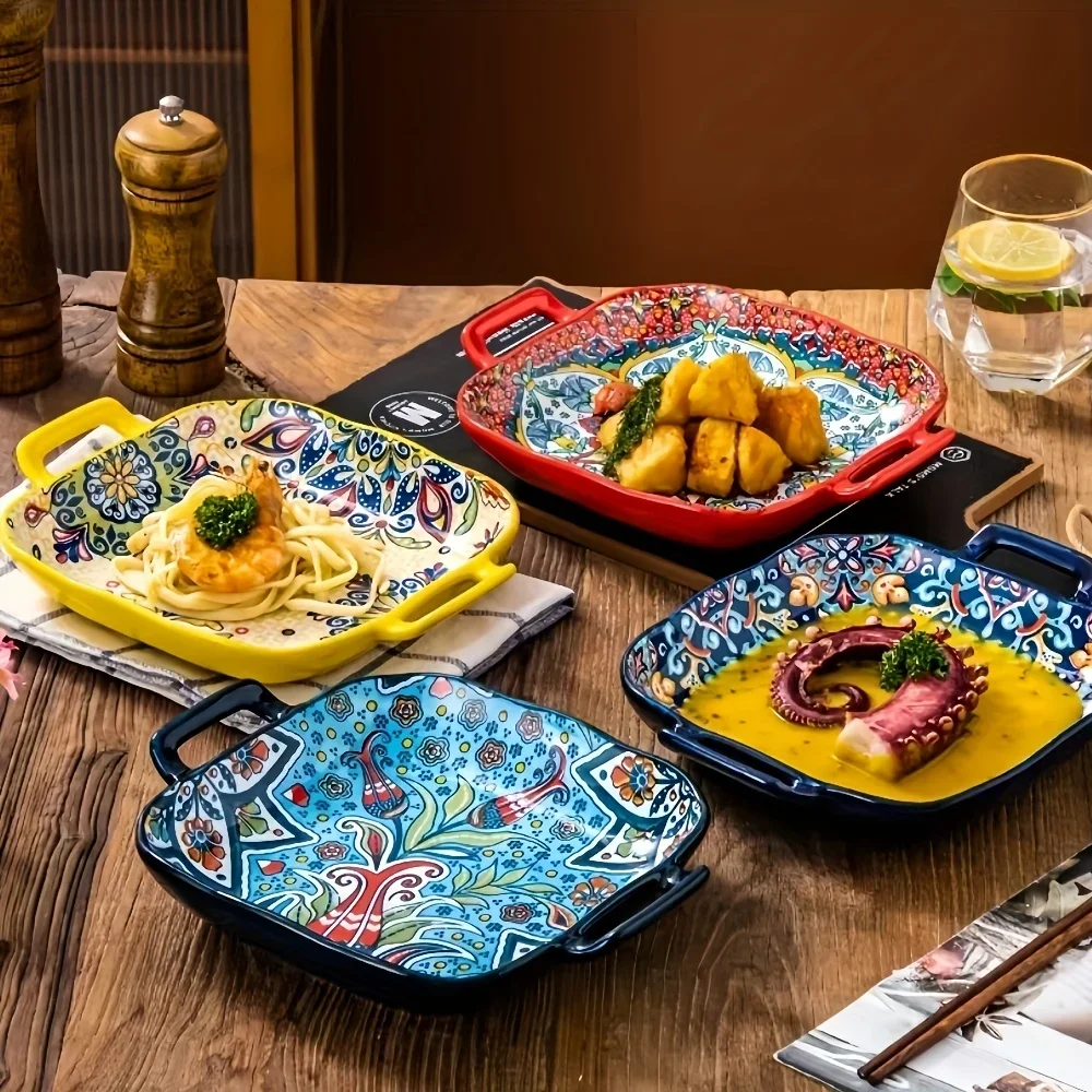 Double Eared Square Bohemia Retro Ceramic Dinner Plates Set Household Tableware Set Breakfast Plates Salad Soup Bowls Dinnerware