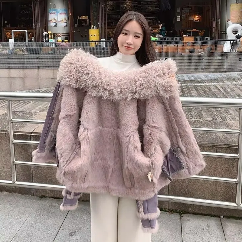 2024 Autumn Short Style Fur Women Sheepskin Jacket Tanned Suede Fabric With 100%Natural Rabbit Lining Luxury Fashion Coat