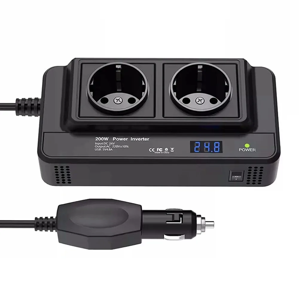 200W 12V to 220V Automotive Power Inverter Cigarette Lighter Adapter Car Converter With Voltmeter 2 EU AC Power Sockets 4 DC USB