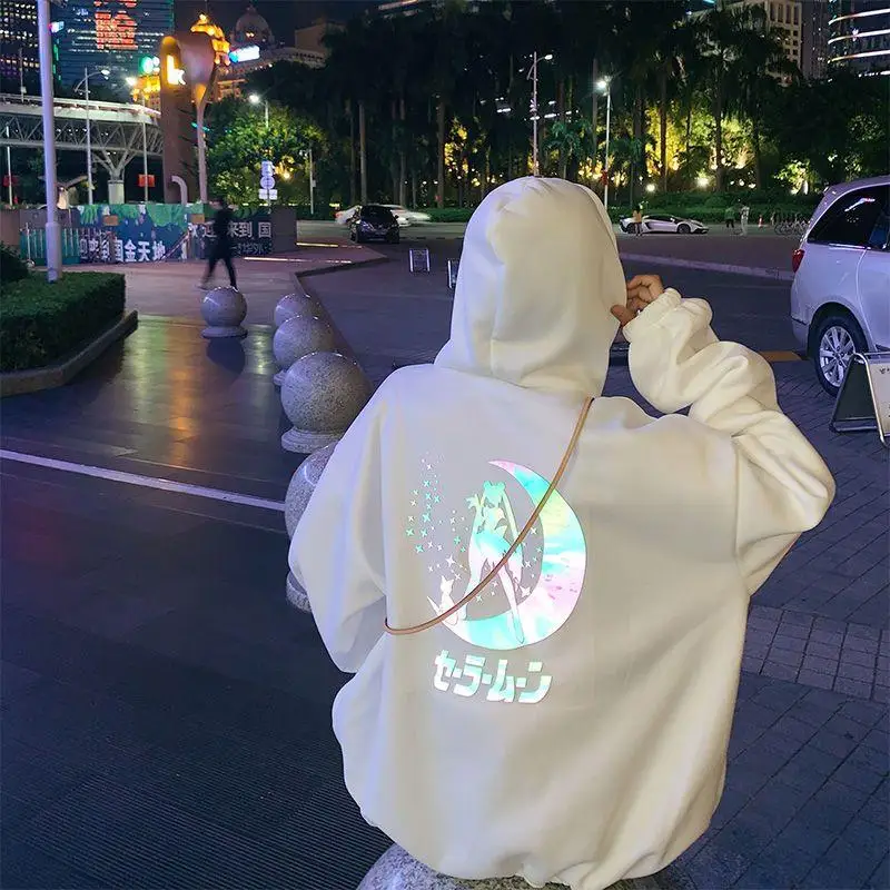 Women's Sailor Moon Reflective Hoodie Korean Loose Casual Jacket Student Couple Oversized Sweatshirt Street Wear Pullover Tops