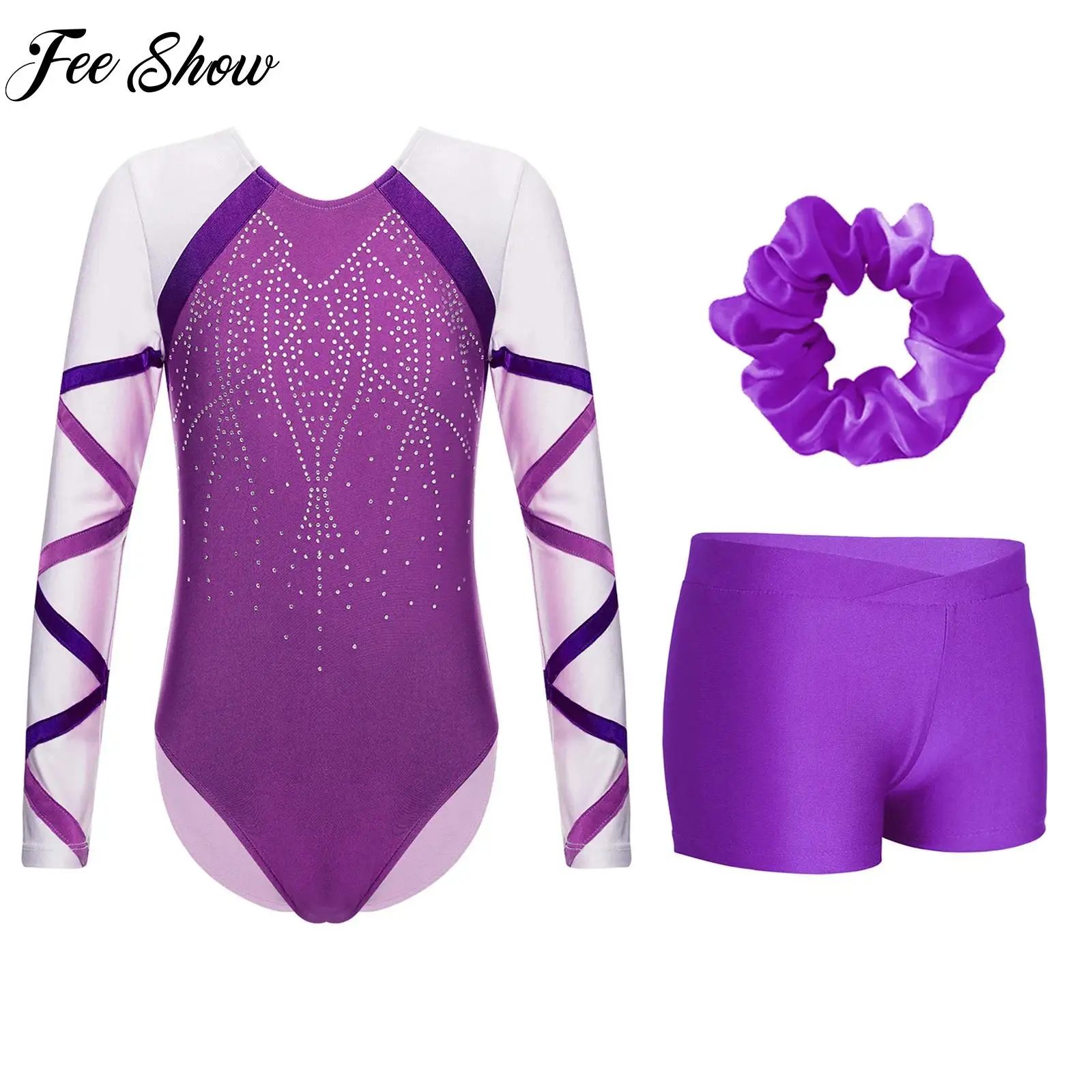 

Kids Girls Gymnastics Jumpsuit Outfit Dancewear Sets Long Sleeve Rhinestones Ballet Dance Leotard Skating Bodysuit With Shorts