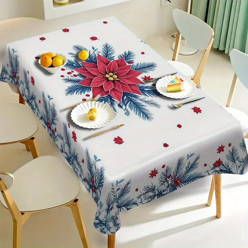 Christmas Poinsettia Pine Needle Tablecloth for Table Decor Washable Winter Xmas Kitchen Dining Tablecloth Christmas Decorations
