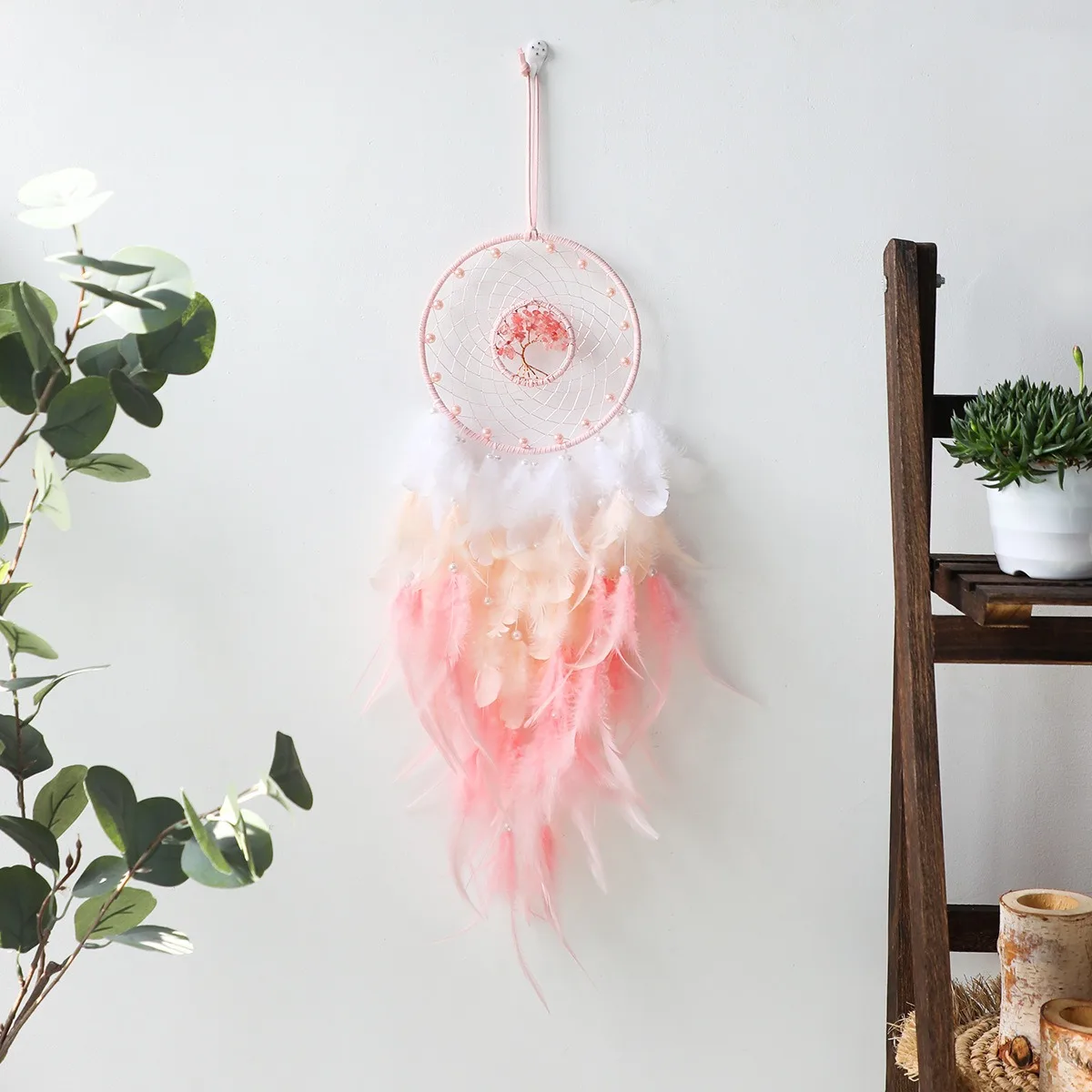 Tree of Life Wind Chimes Crushed Stone Dream Catcher Feather Pendant Pink Girl Heart Bedroom Window Sill Creative Home Decoratio