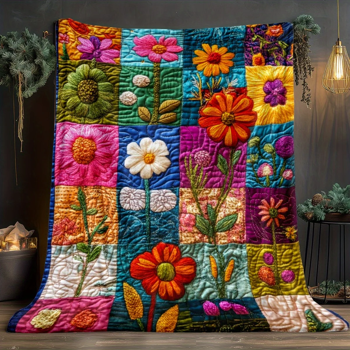Colorful floral quilt handmade patchwork blanket vintage flower garden design cozy home decor spring summer bedroom throwblanket