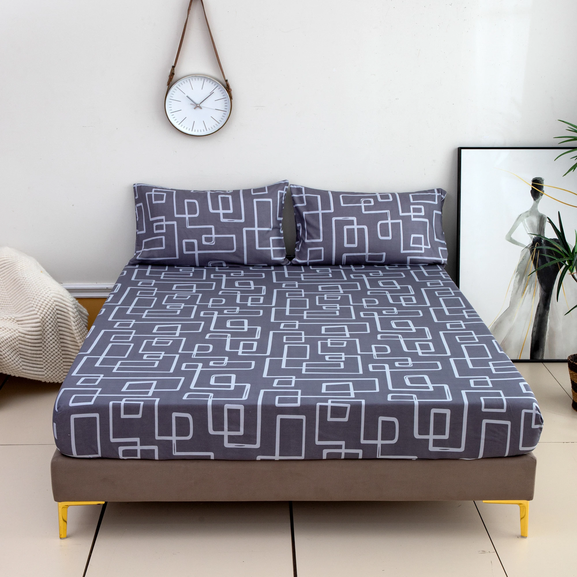 Geometric Line Print Fitted Sheet 1-Piece Mattress Cover (Pillowcase Not Included) Multi-Color Polyester Fiber Three-Dimensional Dirt-Proof Mattress Protector Polyester Five-Sided Wrap-Around Fitted Sheet Suitable for Bedroom, Dormitory, Guest Room, Homestay, All-Season Use, Machine Washable