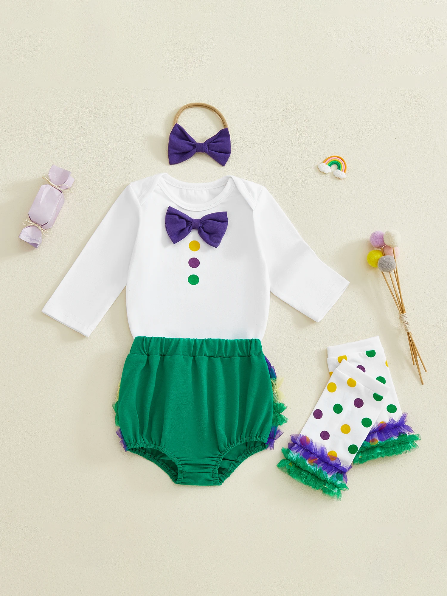 

Cute Baby Girls 4 Piece Set with Long Sleeve Round Neck Jumpsuit Bow Decorated Dot Print Headband Shorts and Leg Warmers