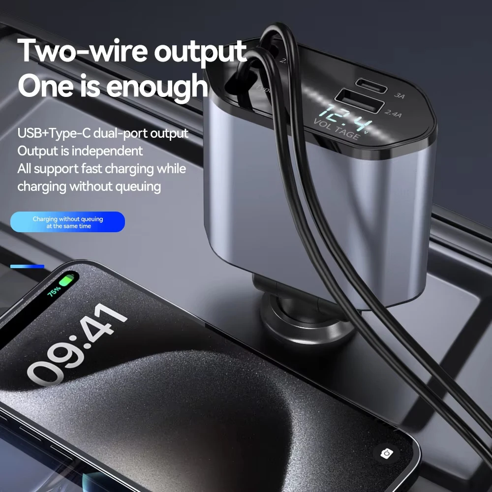 4 in 1 Retractable Car Charger 120W USB C Car Charger Adapter with 2 USB Ports Car Phone Charger for iPhone 16 15 Samsung