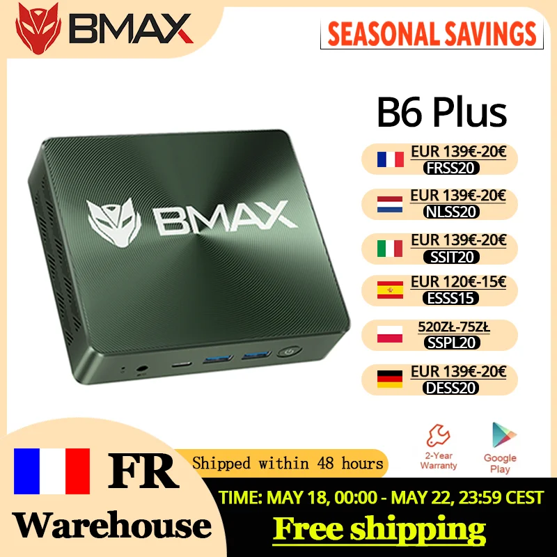 Mini PC BMAX B6 Plus : Intel i3-1000NG4, Windows 11, 12 Go DDR4, 512 Go NVMe SSD, WiFi 5, Bluetooth 4.2, 3 ×USB 3.0, 2 ×HDMI
