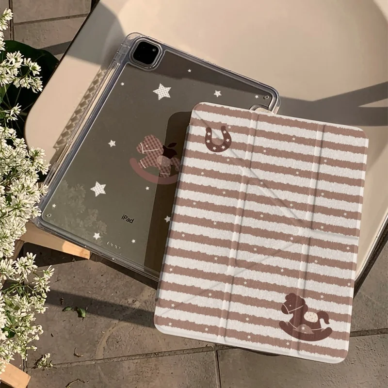 Rocking Horse Striped Pen Slot Tablet Case For Mini 7 6 iPad 11 10 6 5 Pro 2024 2022 2021 2020 2018 Air2025 2024 5 4 3 Cover