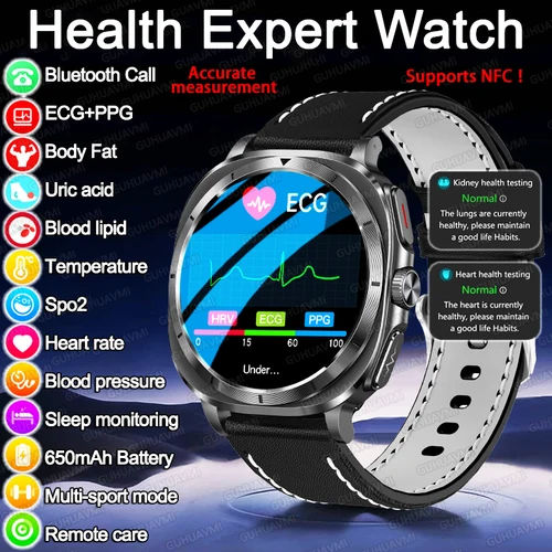 2025 moda nuevo nivel experto salud reloj inteligente hombres ECG + PPG Monitor láser ácido úrico grasa en sangre presión arterial NFC HD llamada reloj