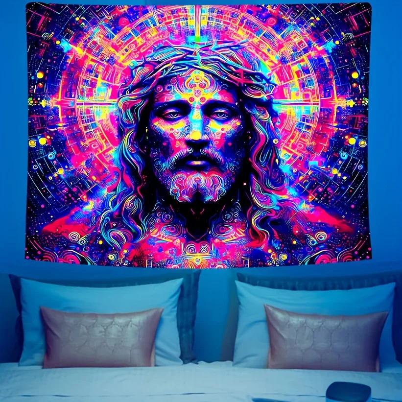 Vibrant Psychedelic Jesus Portrait Tapestry Wall Hanging Bohemian Spiritual Art Room Decor for Festival Vibes