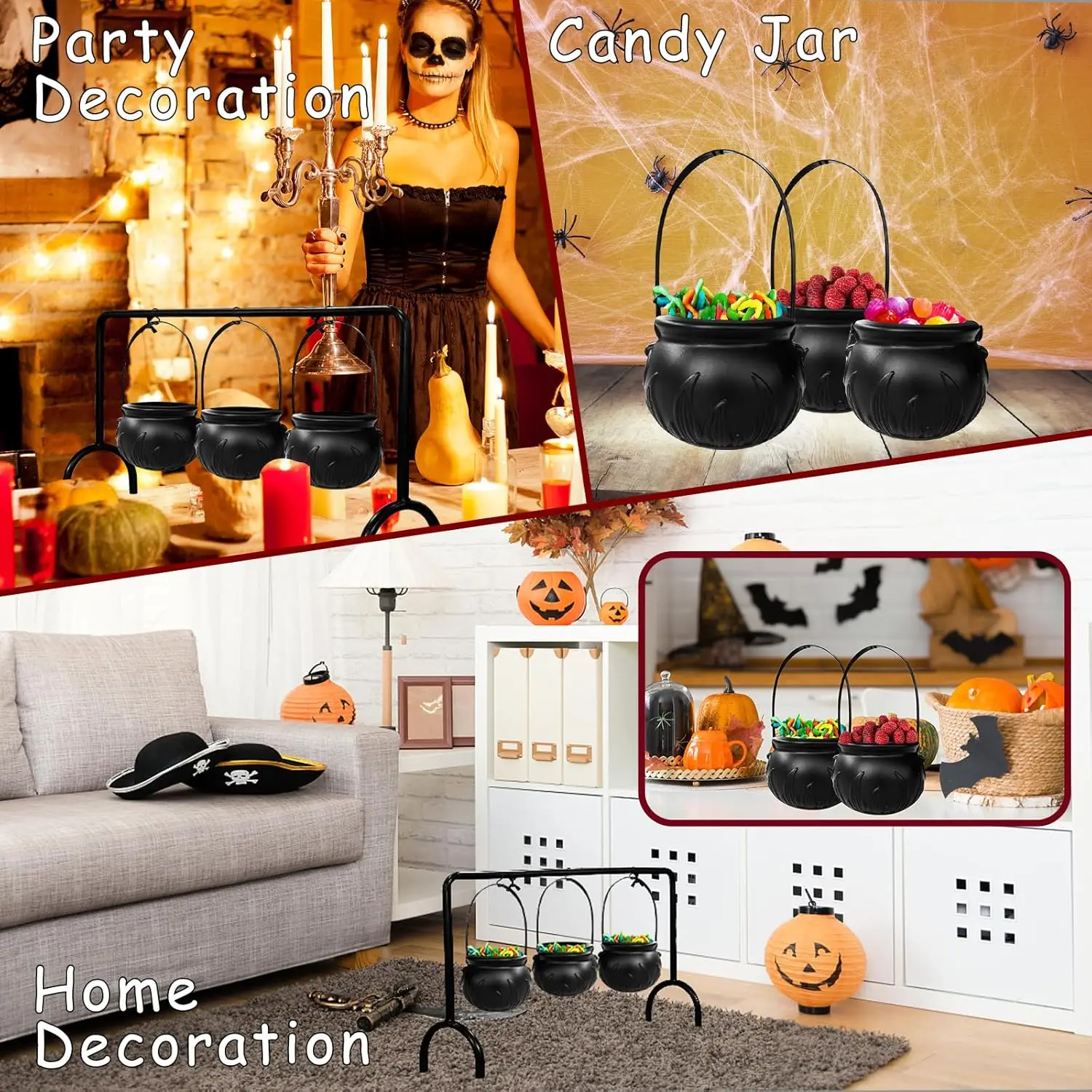 

Cubo de dulces de Halloween con asa y soporte, cubo para dulces para truco o trato, caldero, cuenco para dulces para decoración