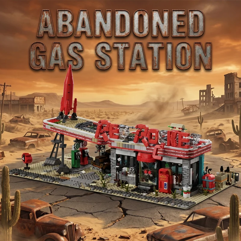 Klemmbausteine Spielmodell Rote Verlassene Tankstelle mit 4 Figuren Modulare Bausteine Strahlungs-Apokalypse-Haus Stadtansicht Architektur-Modellbausatz Geschenk für Erwachsene und Kinder 2221 Teile