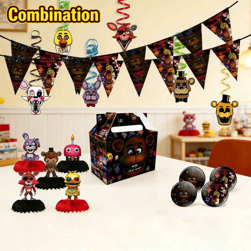 Set completo de broches de bandera de papel con diseño de panal espiral de Five Nights at Freddy's para eventos temáticos, fiestas y kit de decoración.