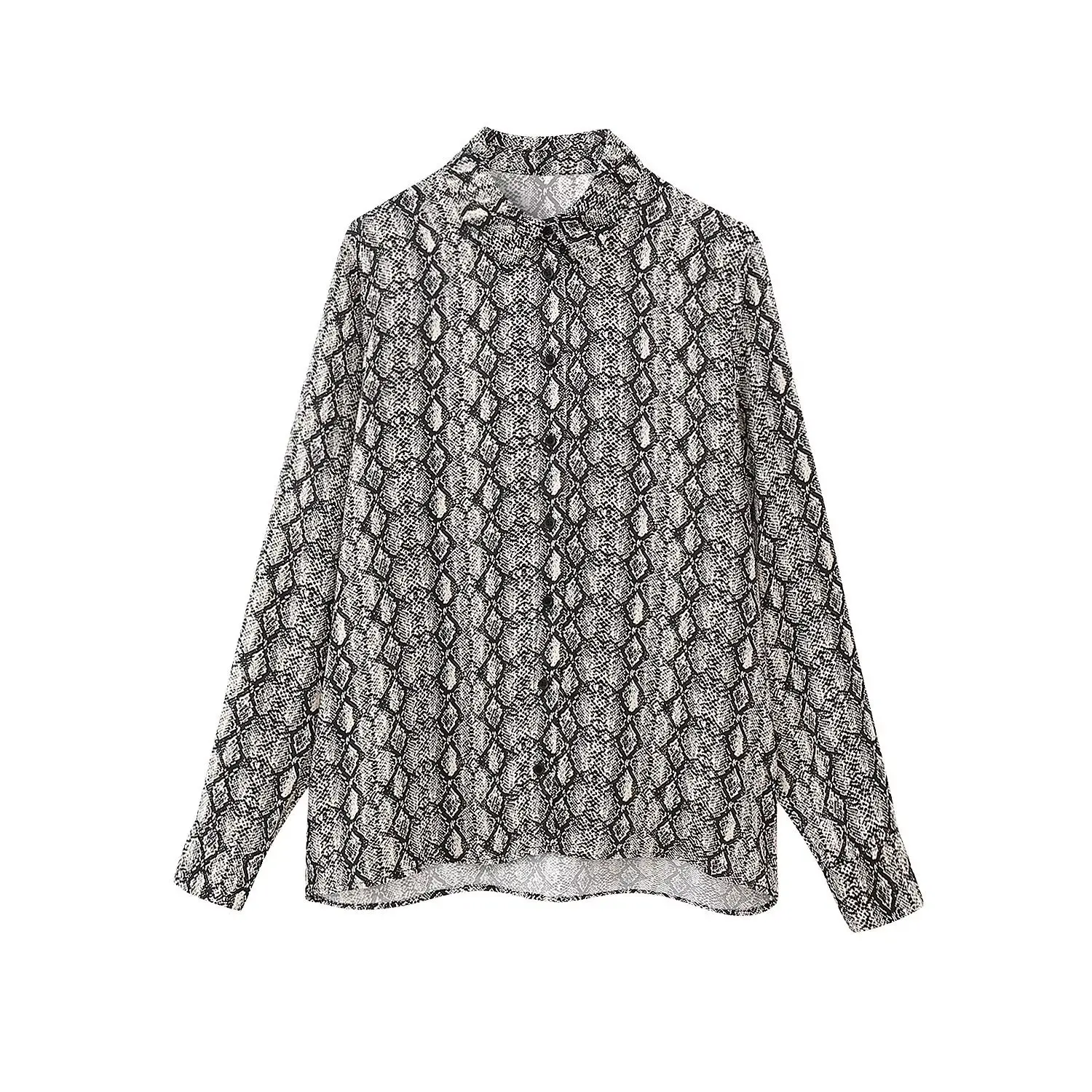 ZBZA Woman's Loose Vintage Print Shirt Ethnic Style Lapel Long Sleeve Single Breasted Snake Print Casual Blouse Summer Chic Top