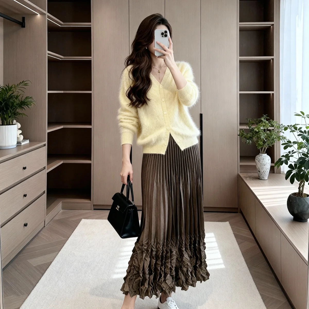 Miyake Women High Waist Pleated Long Skirt Elastic Waist Crinkled Hem A-line Flowy Midi Skirt