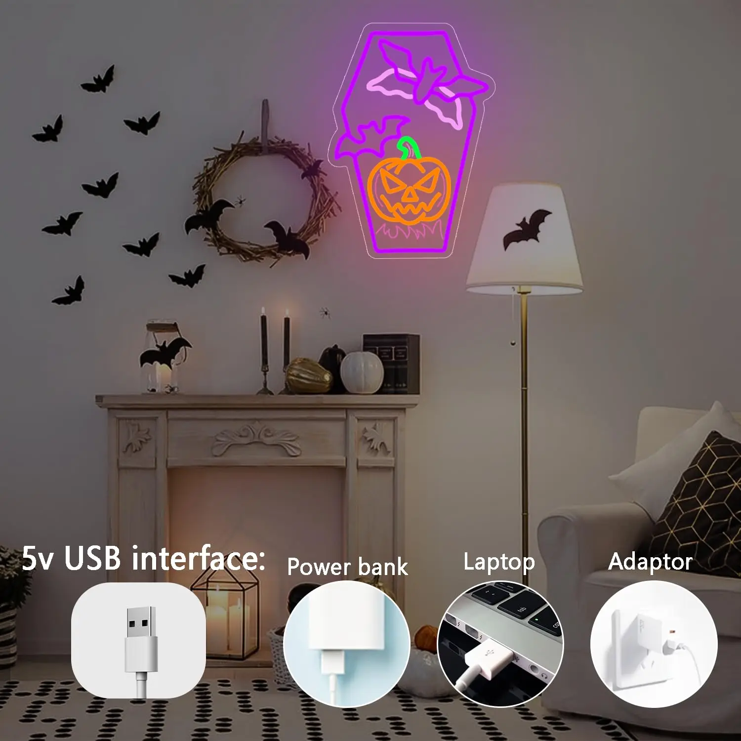 Pumpkin Bat LED Neon Sign for Wall Decor Flying Bat Light Flashing Sign Dimmable Switch for Spooky Holiday Atmosphere Decor