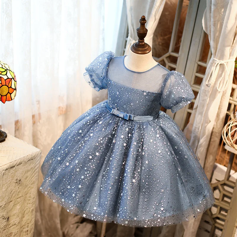 Custom Flower Girl Dress Wedding Gown Birthday Party Pageant Dress Puff Sleeve Star Sequin Tulle Dress With Bow For Girls فساتين
