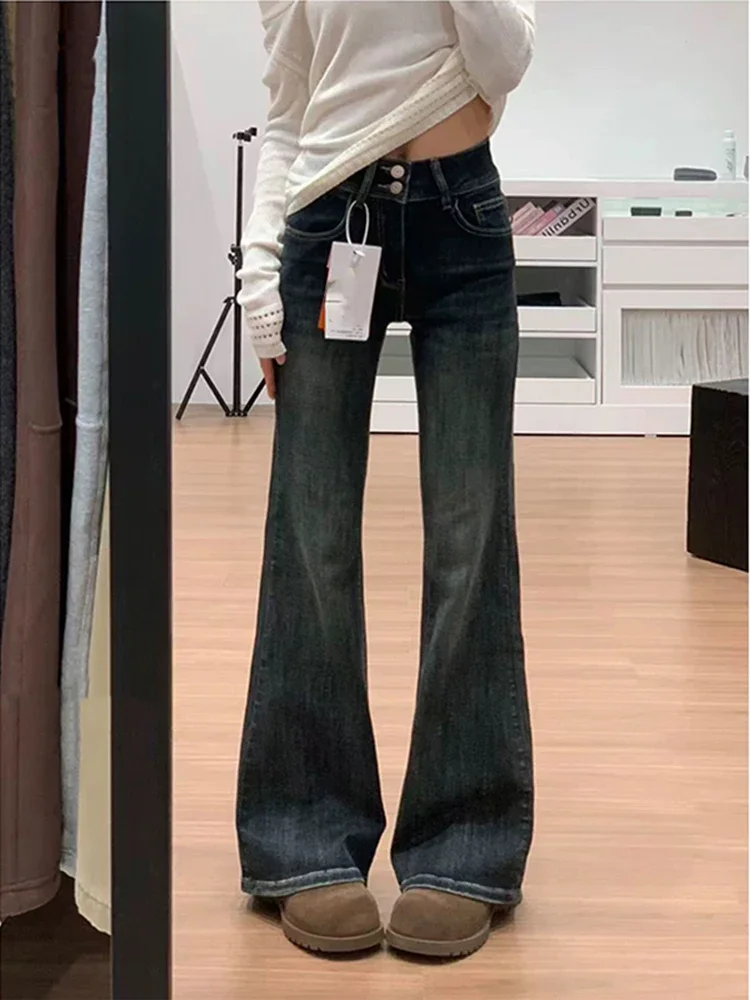 

Women High Waisted Flared Jeans Y2K Retro Double Button Stretch Pants High Street Autumn Casual Versatile Elastic Trousers