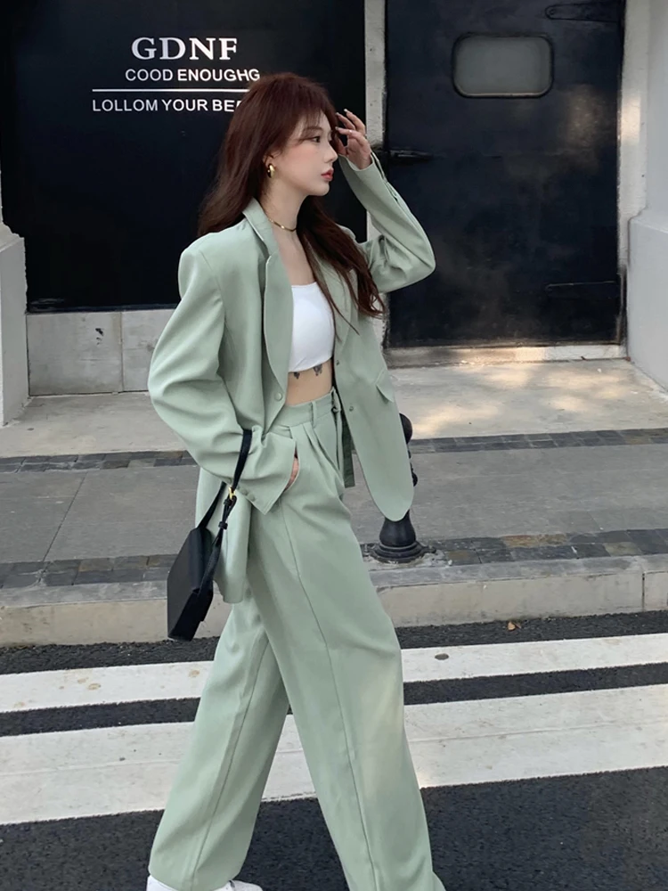 New Professional Two-piece Suits Women Korean Fashion Loose Long Sleeve Blazer+high Waist Wide Leg Pants Sets Office Ladies