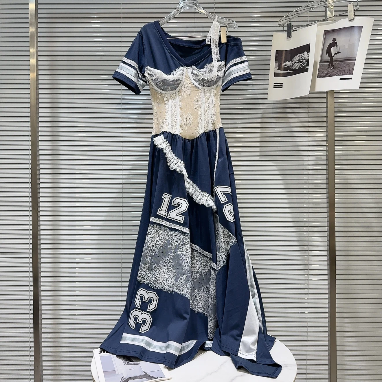 

Summer 2025 Sweet Lace Trim Dr Splice Print Pattern Waist Cinch ort Sve Long Dr Women's Faion High Waist A-Line ...