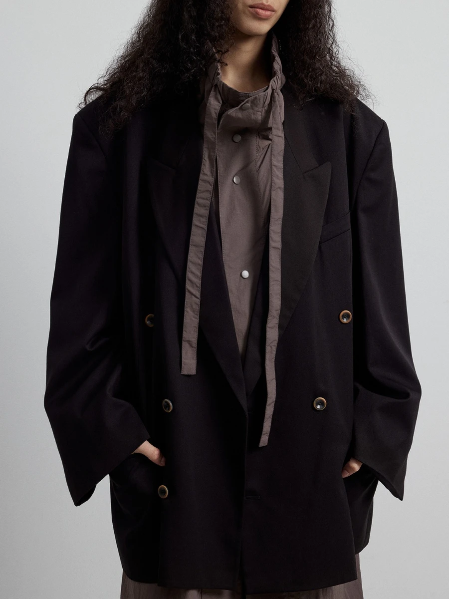 TWOTWINSTYLE Solid Loose Spliced Double Breasted Casual Blazers for Women Lapel Long Sleeves Minimalist Blazer Female Clothing