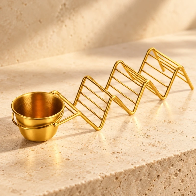 Tacos Serving Rack with Stainless Steel Open Wire Frame, 3 Divided Slot, and Side Cup for Salsas and Other Dips
