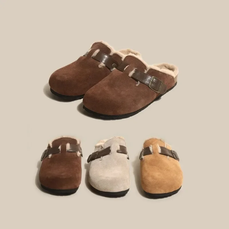 

2025 Retro Style Thick Soled Soft Wood Wrapped Half Slipper Plush Shoes Female Clogs Outdoor Waterproof Non-slip Cork Slippers