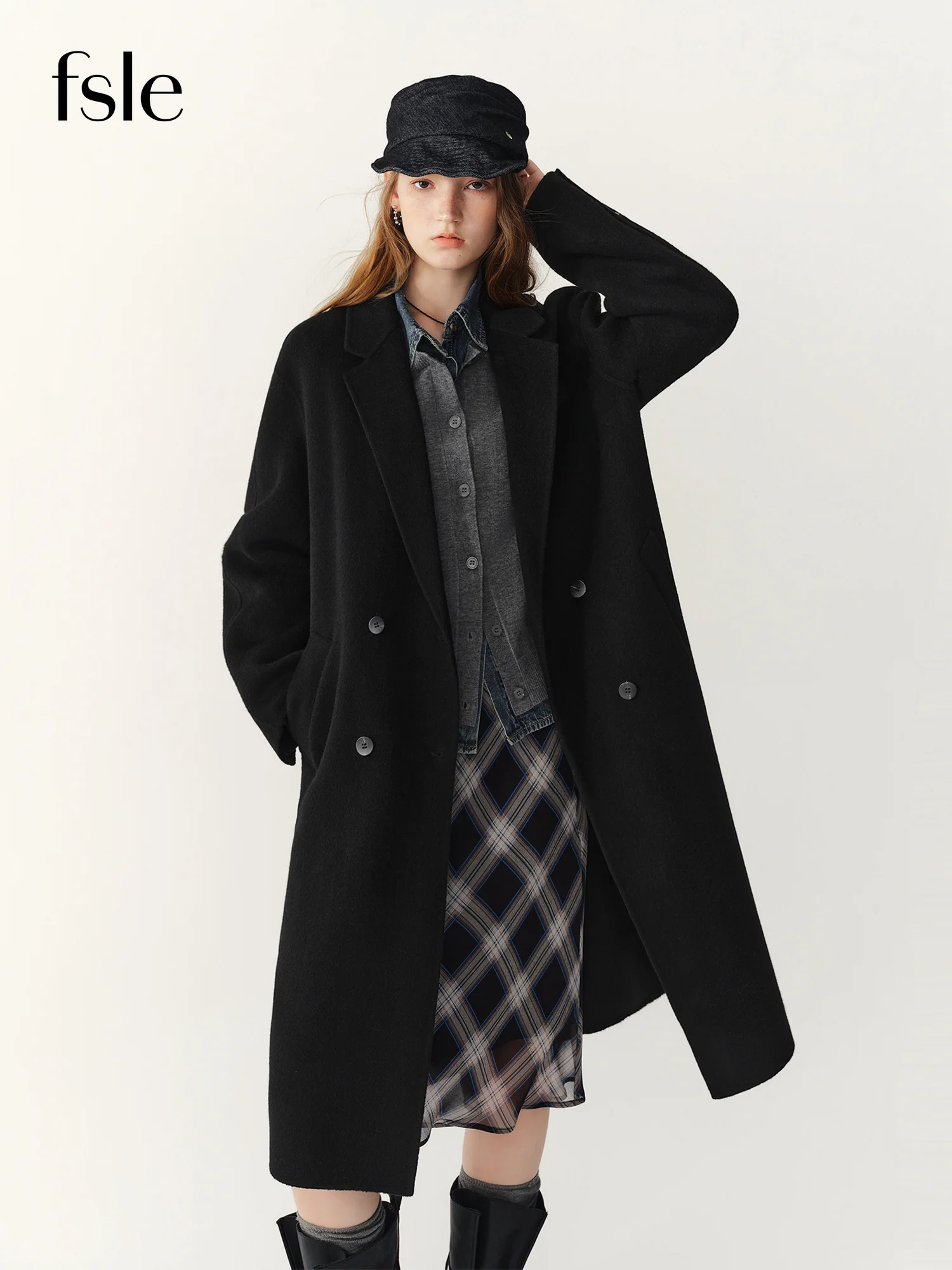 FSLE Women's Double-faced Cashmere Coat Classic Style Winter 2026 New Arrival Commuting H-line Loose Fit Simple Daily