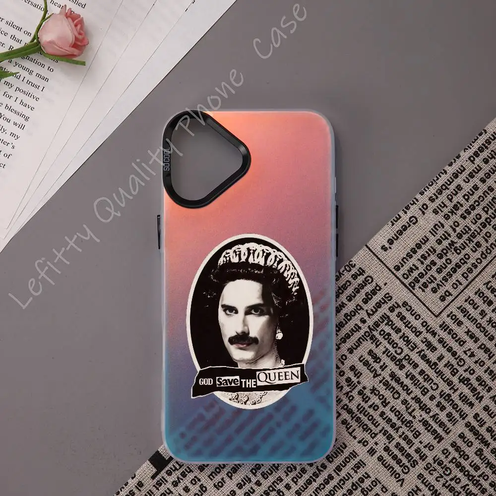 حافظة هاتف Q-Queen Band Rock لهاتف آيفون 16 15 14 13 12 11 Pro Max غير لامع أورورا متعدد الألوان ليزر معدني متدرج Funda #3