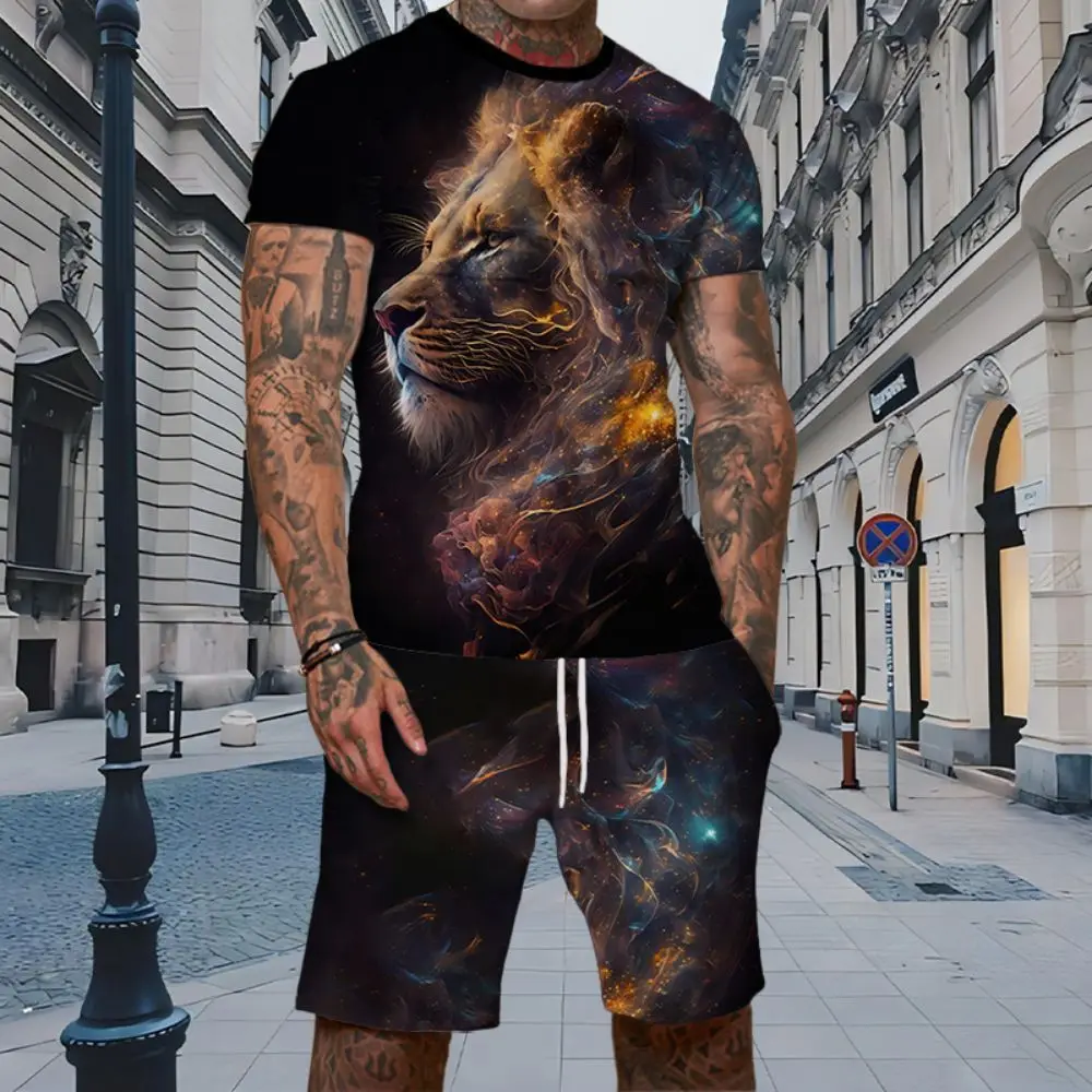 Summer Lion Animal 3D Print T-Shirts Shorts Sets Men's Tracksuits Oversized Short Sleeve T Shirt Pants Set Man Suits Clothing