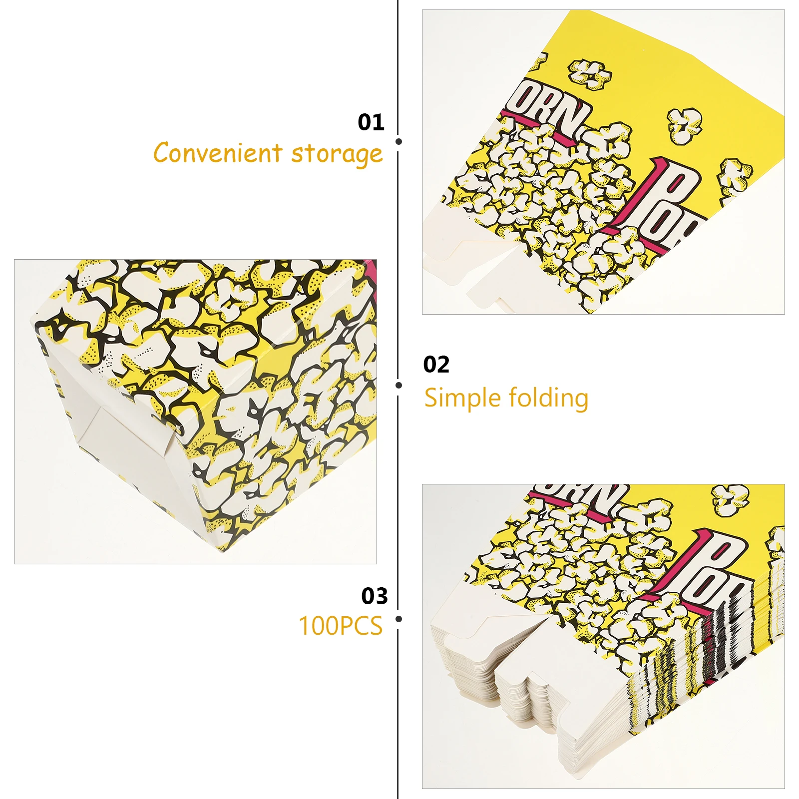 

100pcs Popcorn Boxes Square Foldable Paper Containers Yellow Buckets Movie Night Party Favors Snack Packaging Kitchen Bar