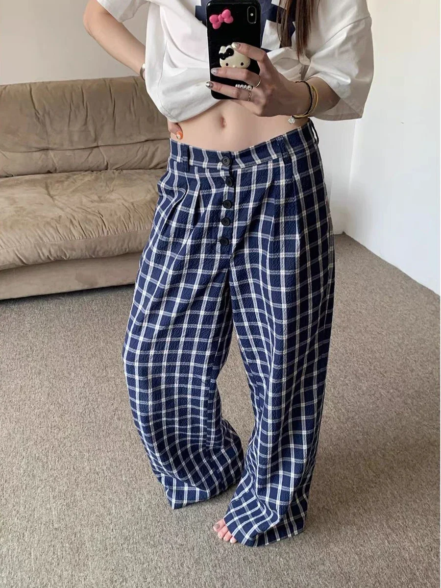 Kobiety Plaid Blue Straight Long Pant Summer High Waist Buttons Pockets Loose Trousers Casual Harajuku Streetwear Baggy Pants Y2k