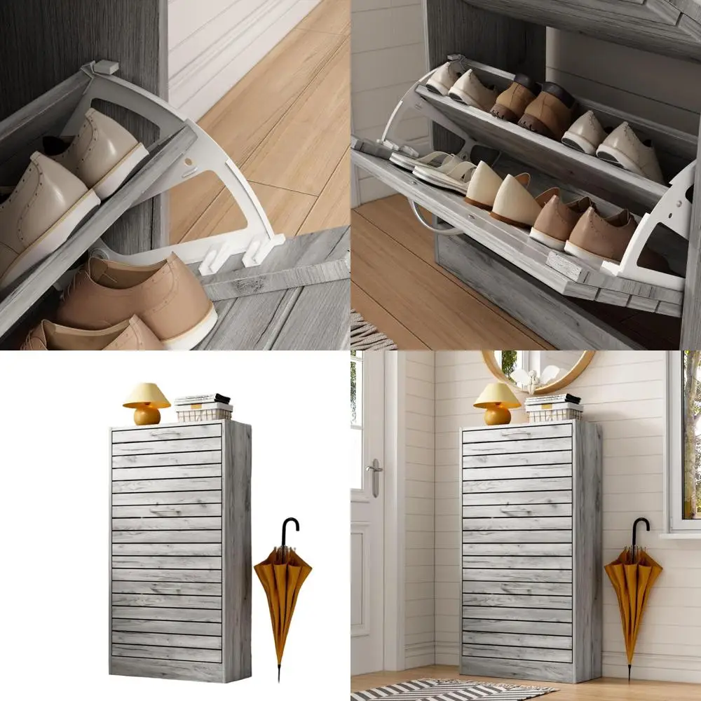 

Grey Wood-Grain Shoe Cabinet with 3 Adjustable Shelves, Slim Storage for Entryway, 22.4W x 9.4D x 42.3H